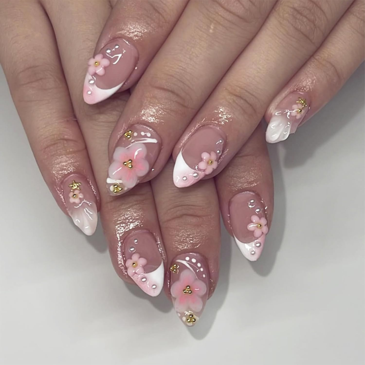 24Pcs White French Tip Press on Nails Short Almond Fake Nails with 3D Pink Flowe