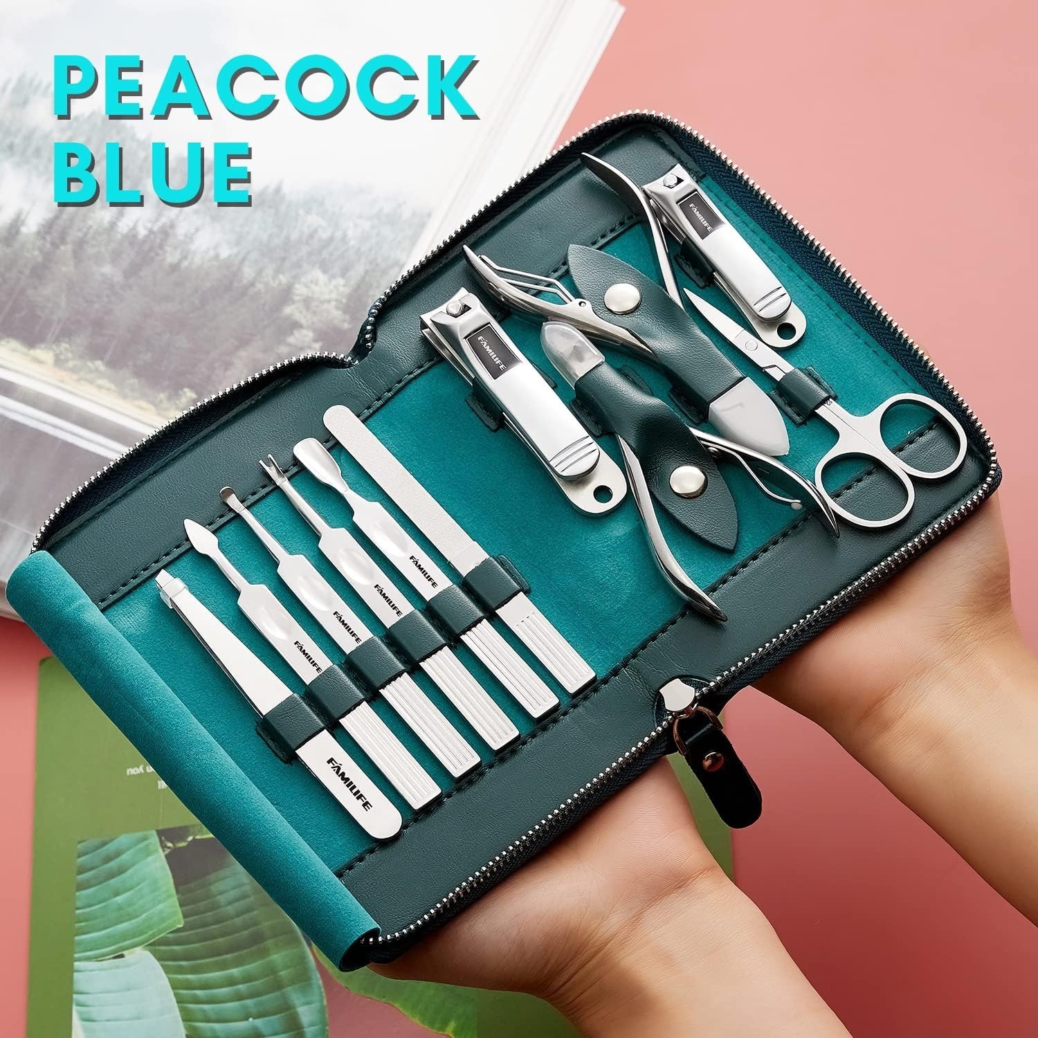 Stylish Blue Leather Manicure Kit – 11 Stainless Steel Tools for All Nail Types