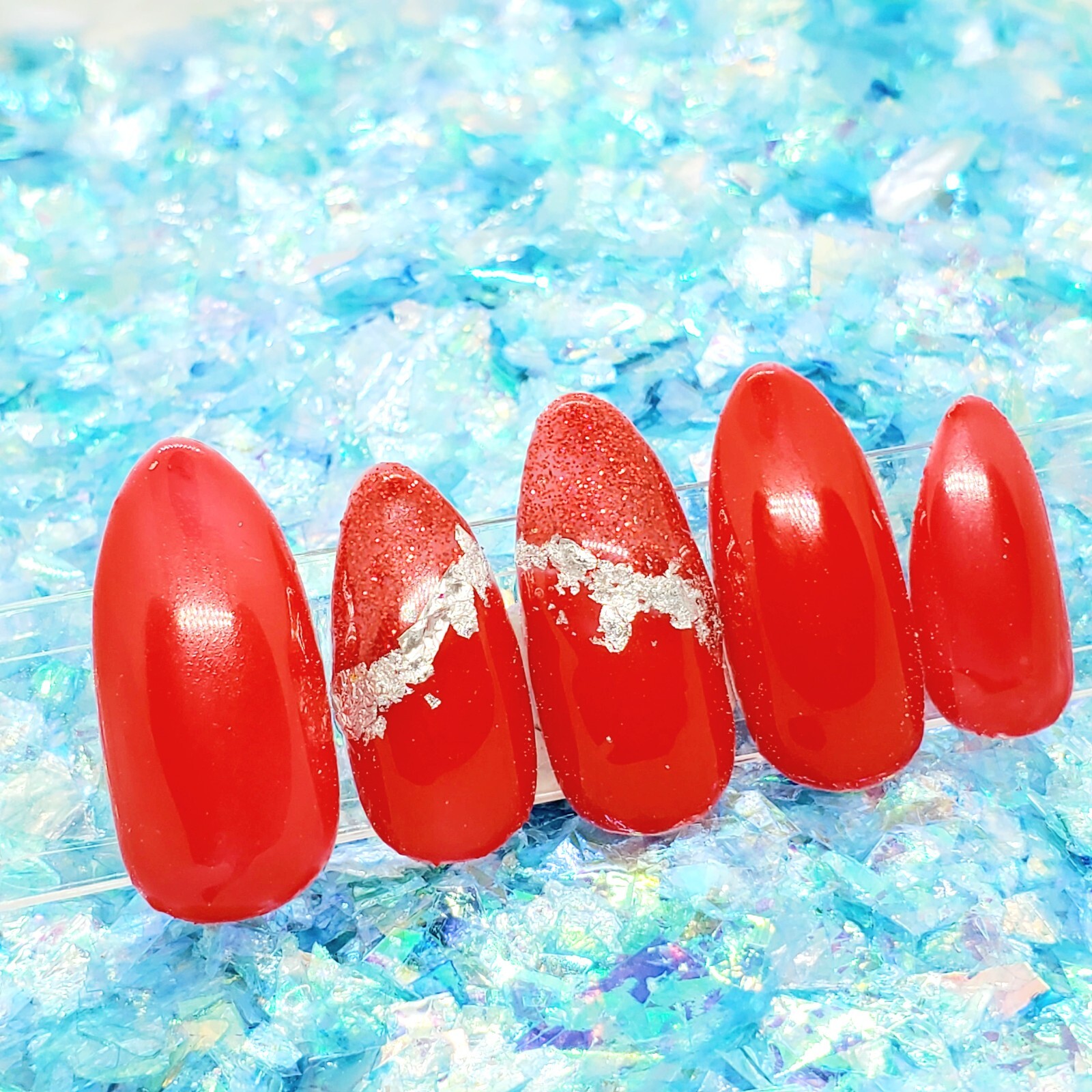Red Glitter Silver Foil Outline Short Stiletto Press On Nails Handmade Hard Gel
