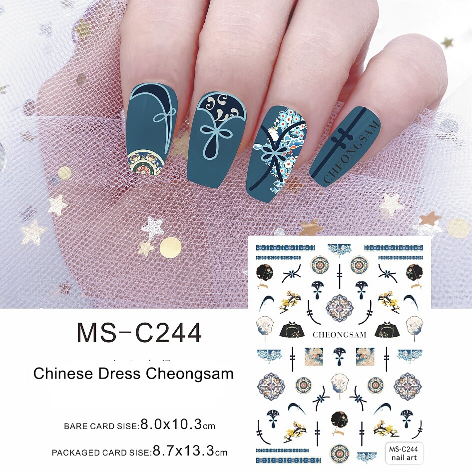 Chinese Dress Cheongsam Nail Stickers Women Dress Qipao Mandarin Gown Asian Fans