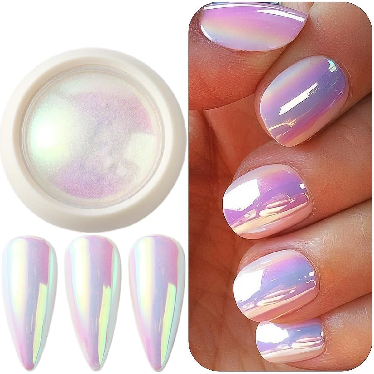 Aurora Rainbow Chrome Nail Powder Set with Pearlescent Mirror Effects & Brushes