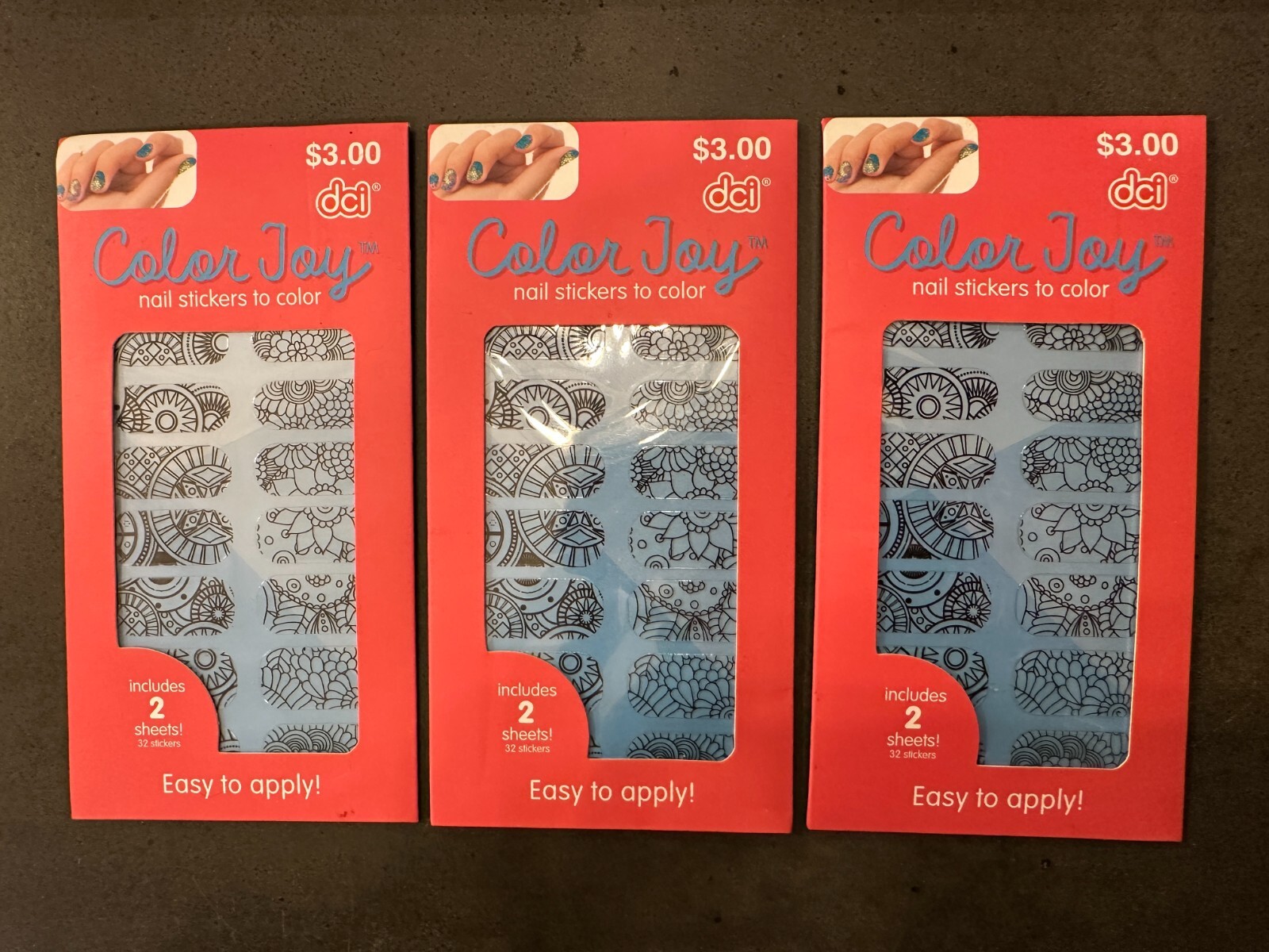 Set of 3 DCI Color Joy Nail Stickers to Color – 6 Total Sheets EASY TO APPLY!!