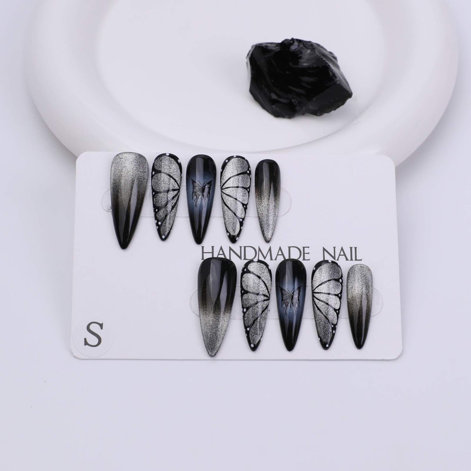 Press On Nails Long Stiletto Black Silver Butterfly Wing Glitter Gothic Nail Set