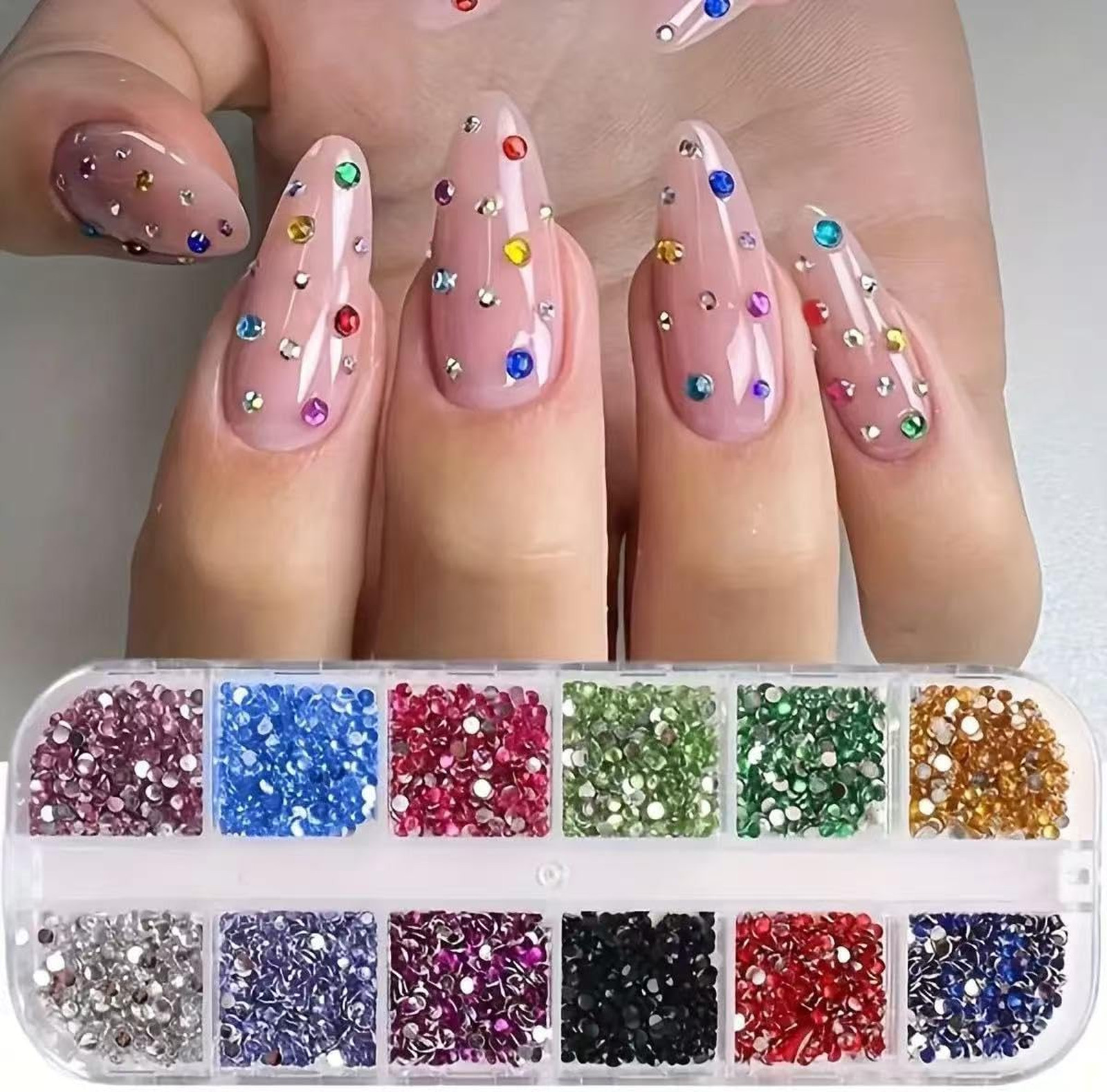 24Grid Colorful Nail Art Rhinestones Pearls Set 3D Flatback Crystals for Acrylic