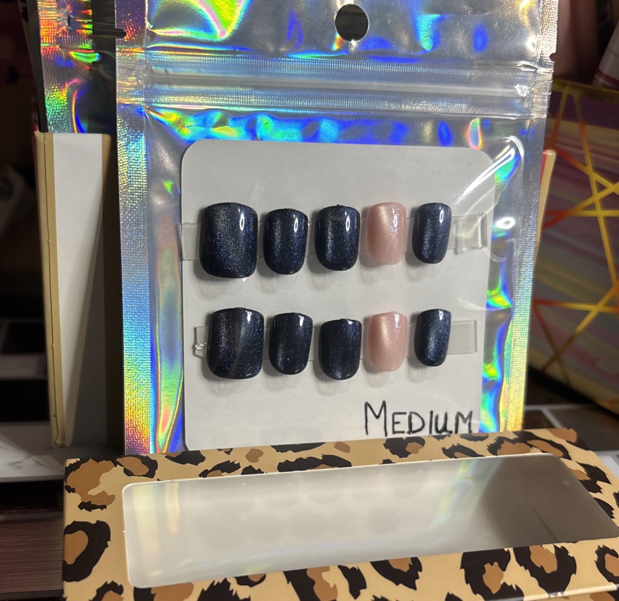 Press On Nails Short Square Glitter Cateye Sz Medium Pink&Blue Cateye