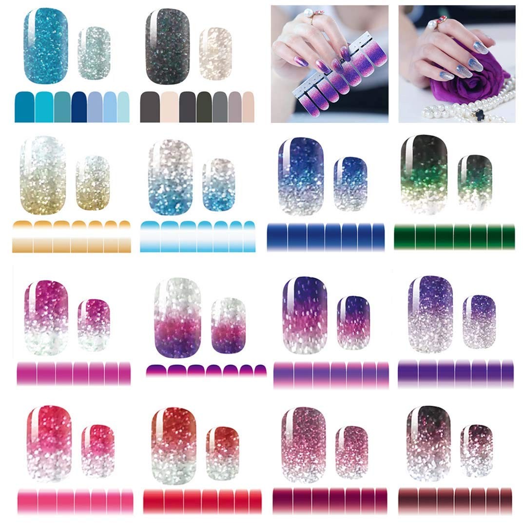 14 Sheets Nail Stickers Glitter Gradient Color Shine Full Wraps Polish Sticke…