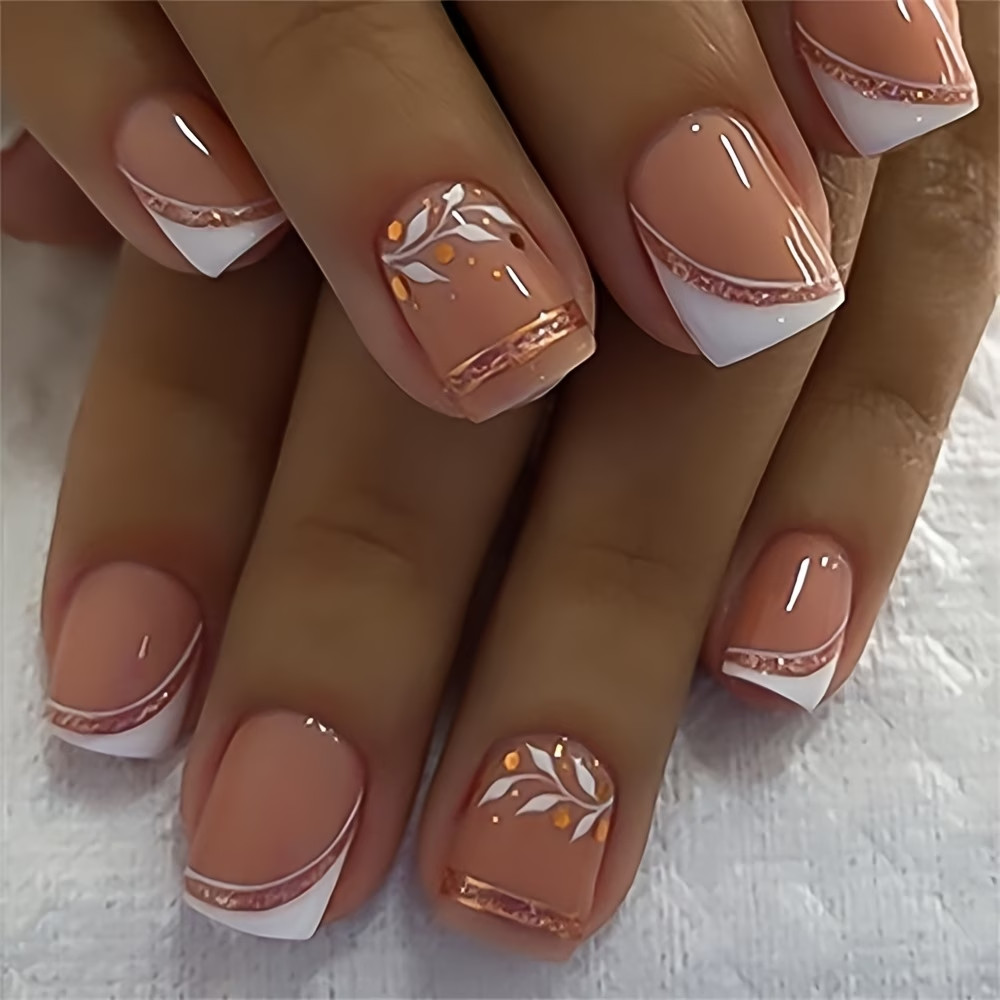 24pcs Women’s Glossy Square Round French Rose Golden White Striped Leaf Pressing