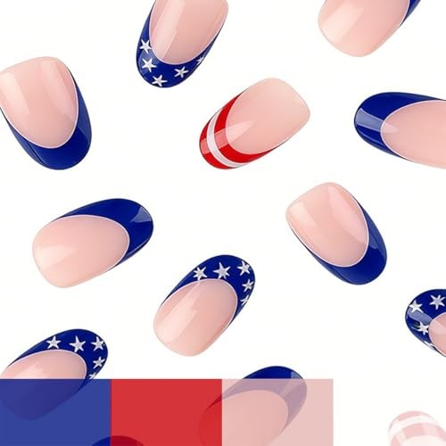 4th of July Press On Nails – Short Almond False Nails – NEWSPIED Design Style-14