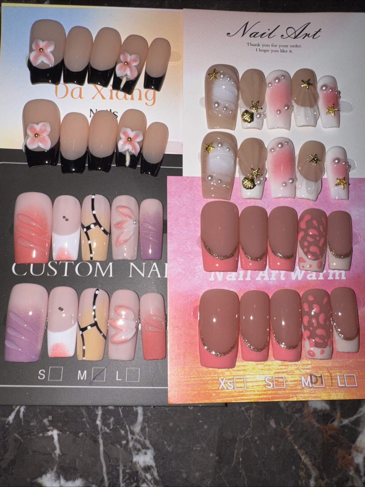 Handmade Medium Square Press On Nails Medium 3D Flower French Tip Variety Bundle