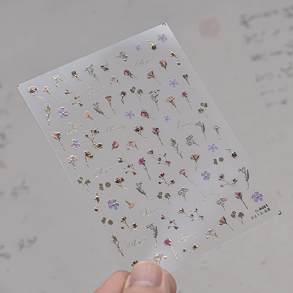 Flower Nail Stickers 5D Embossed Rose Flower Nail Decals 1PCS Gold Rose Sticker