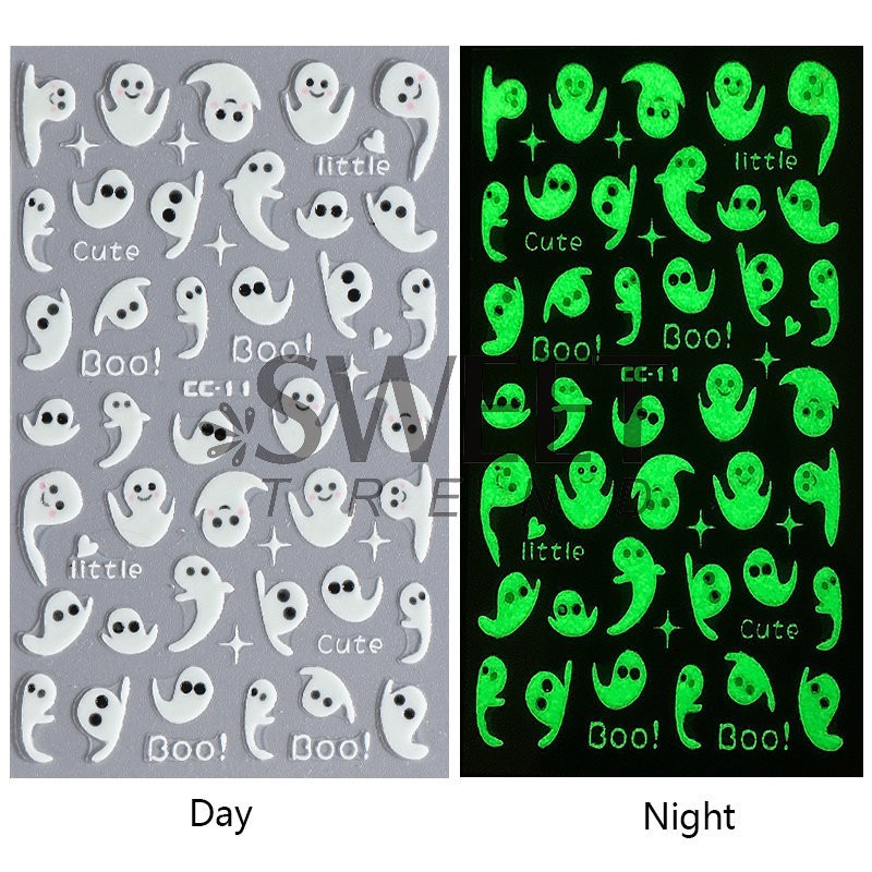 4Pcs Glow in The Dark Halloween Glitter Nail Decals Ghost Spider Web Skull NH30