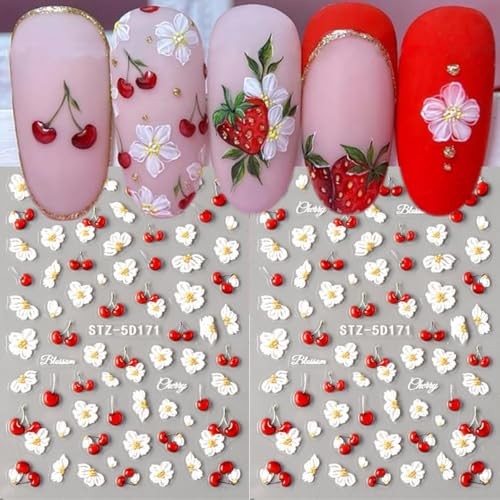 5D Nail Stickers Flower Cherry Nail Decals Embossed Self-Adhesive Cute Spring