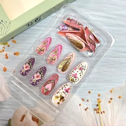Gold Love Heart Press on Nails Almond Shaped Flower Rose Gold Love Heart Flower