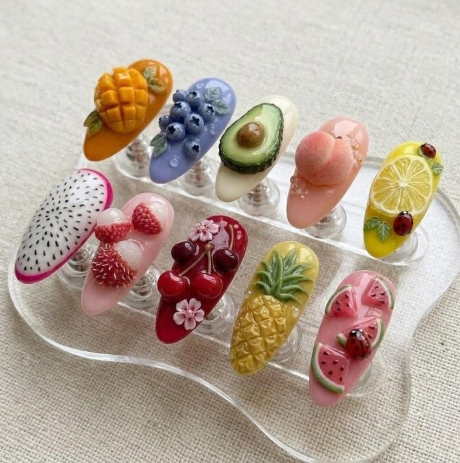 Handmade 3D Mixed Fruit Ladybug Medium Almond Press on Nails Set