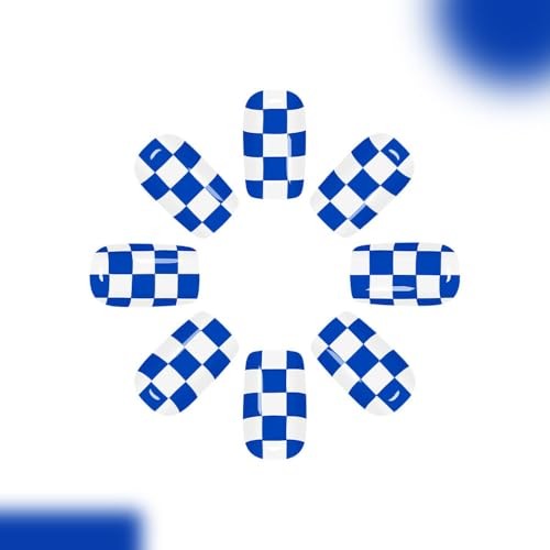 Square Press on Nails – Short Fake Nails – 24Pcs Glossy Blue White Style 01