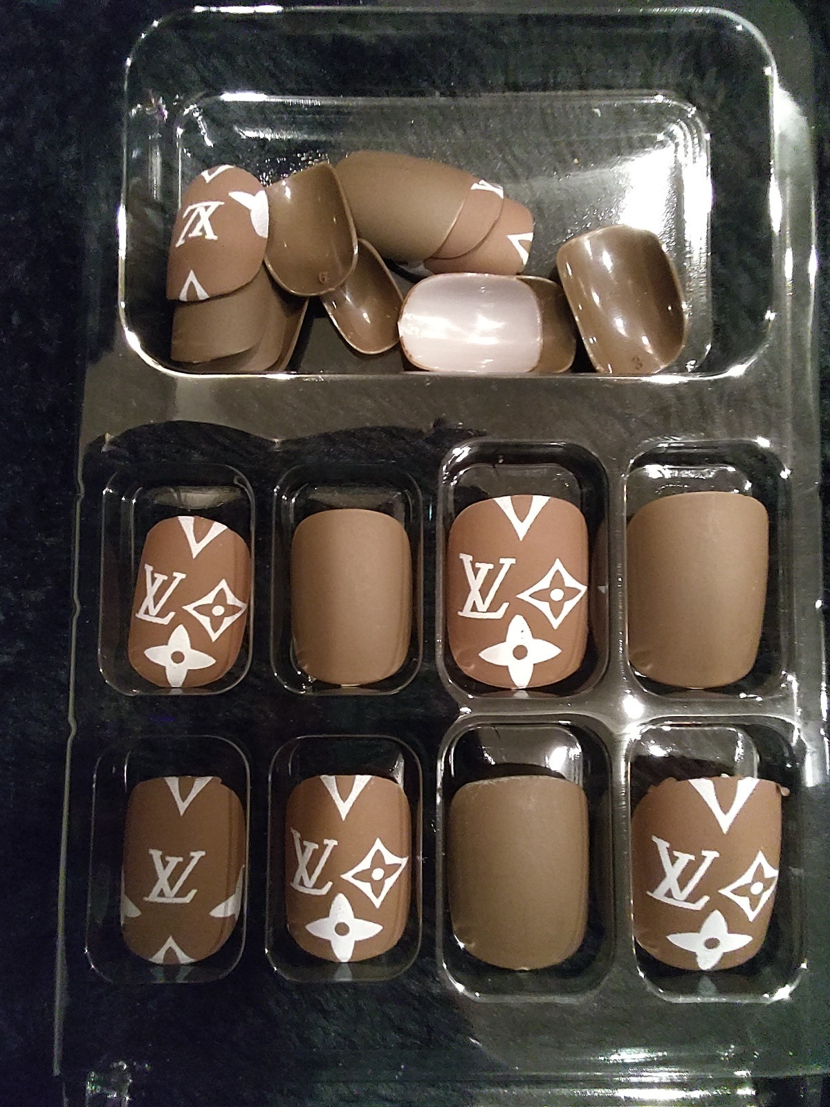 Brown White Logo Print Luxury Press On Nails Designs Short Square Salon Quality