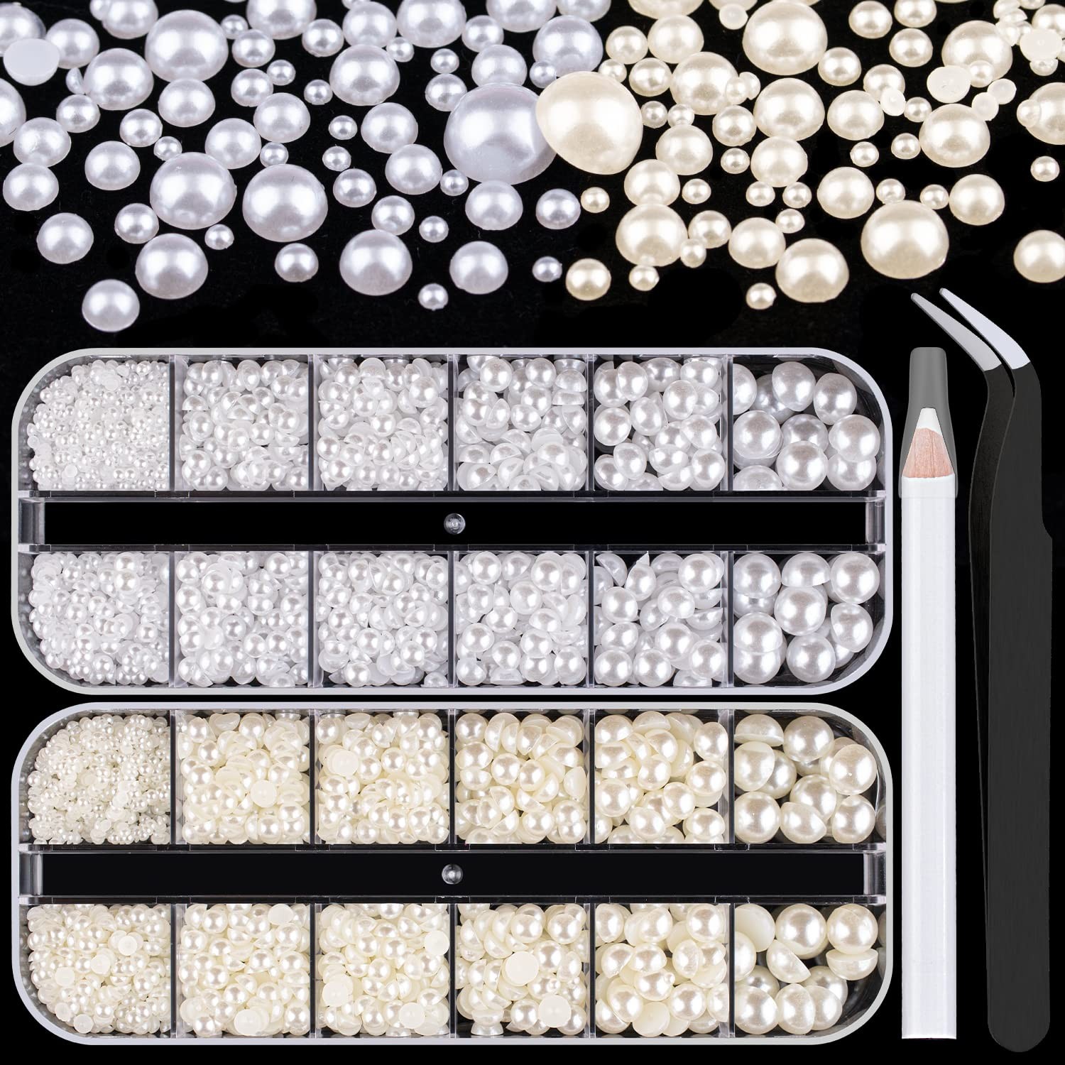 2700 Pcs Flatback Pearl Half Round Nail Art Kit White Beige Craft Beads