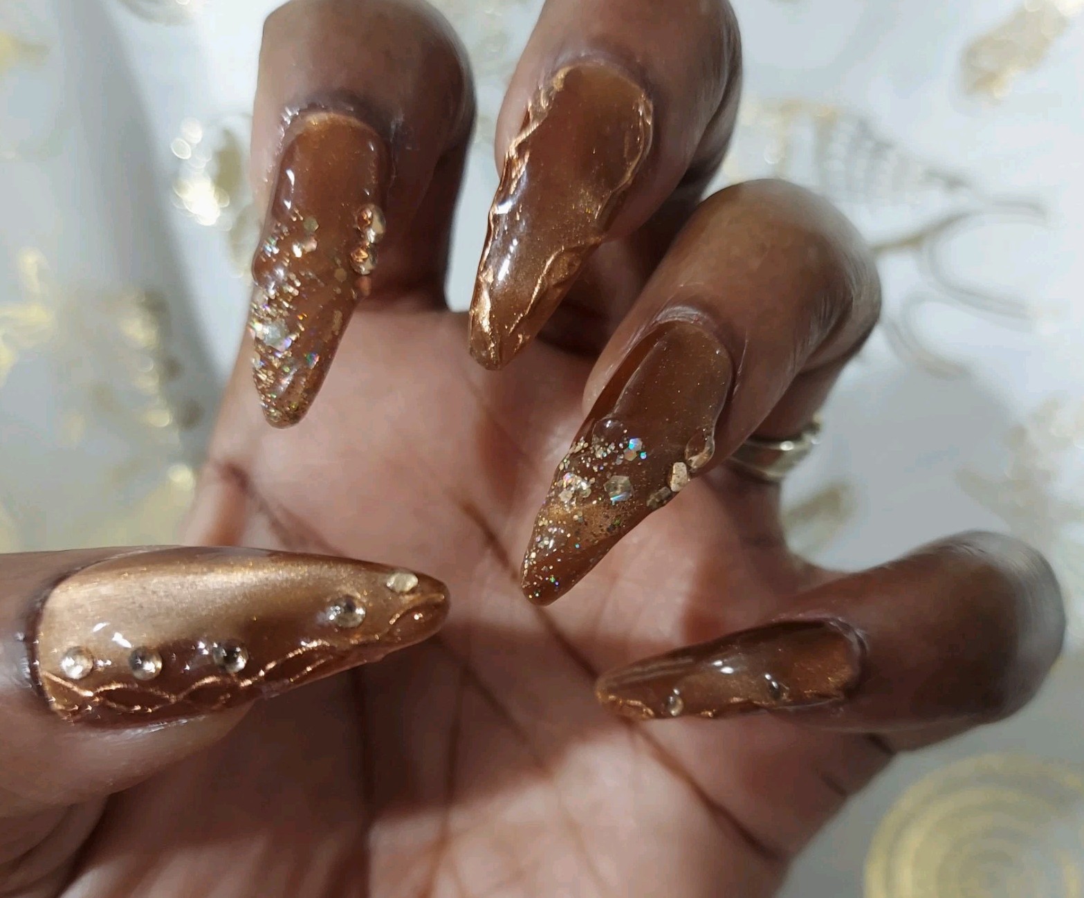 Brown Cat Eye Nails, Gold Chrome Nails