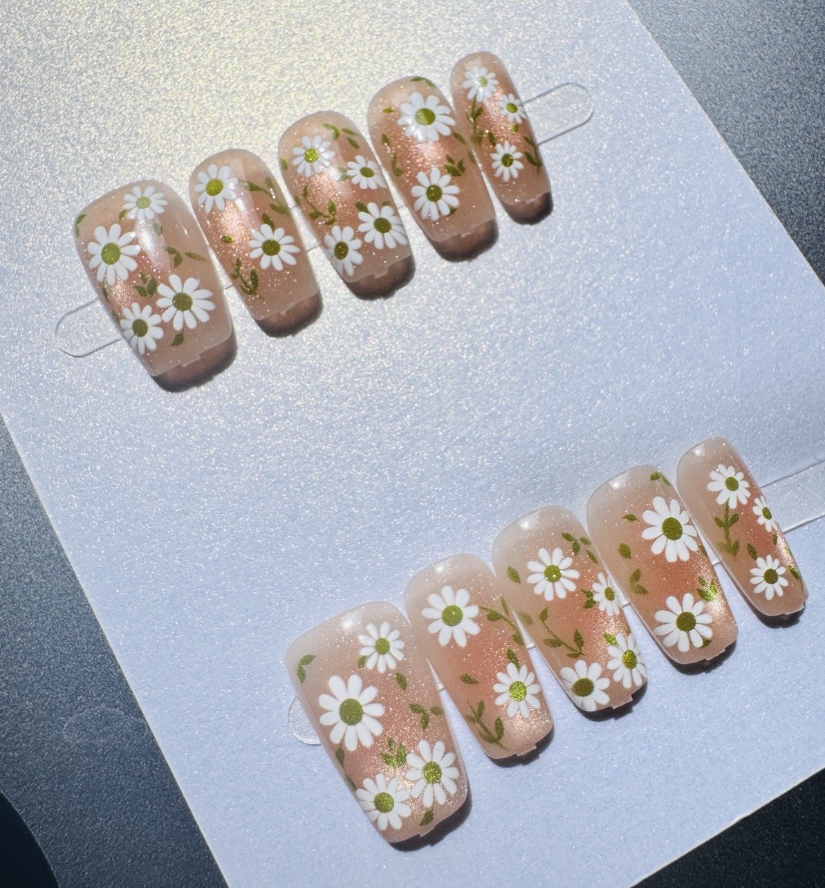 Press-On Nails Medium Square Beige/White/Yellow/Green Flowers Glossy Full Cover