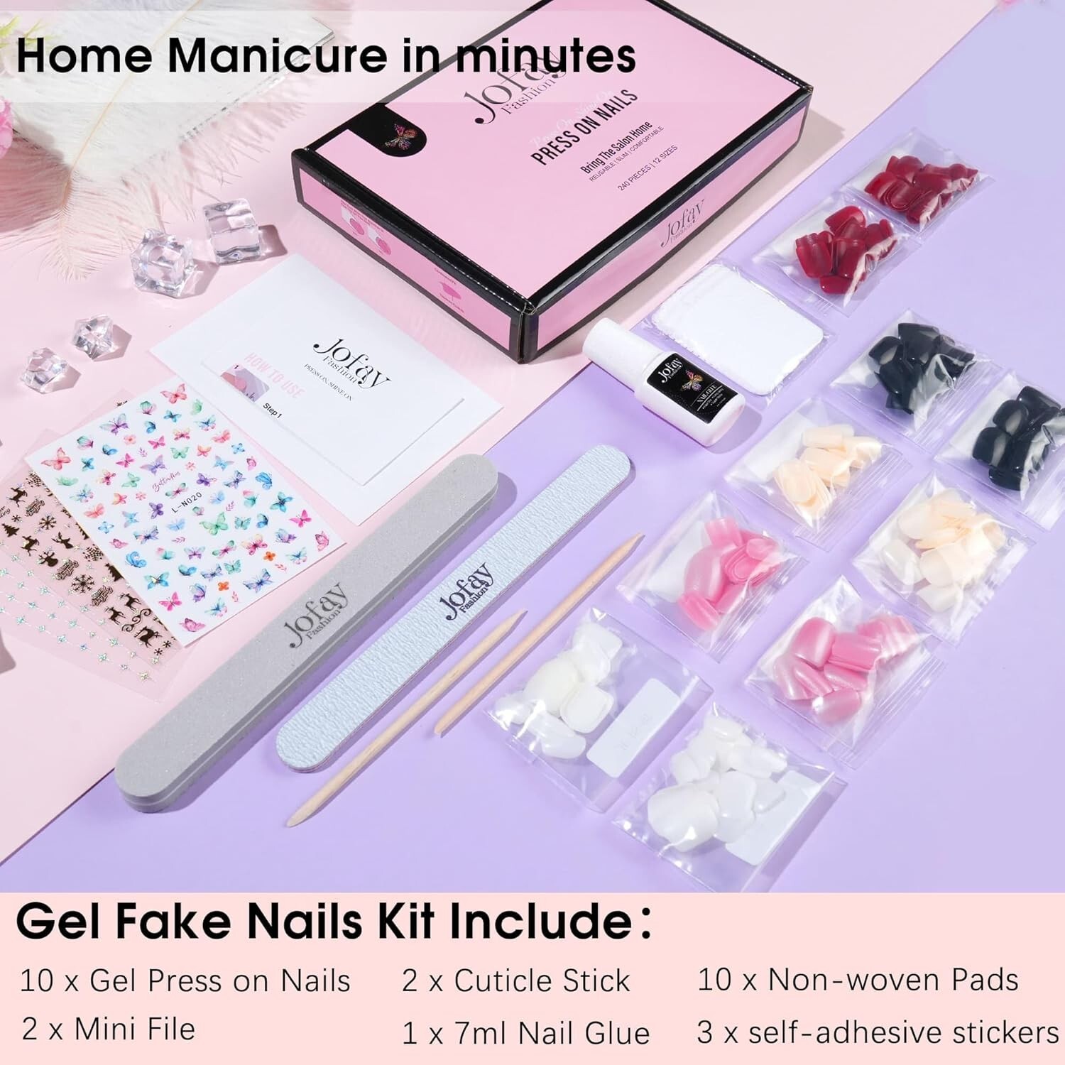 Jofay 240 pcs Short Square Press on Nails Set Kit New in Box W/ Accessories