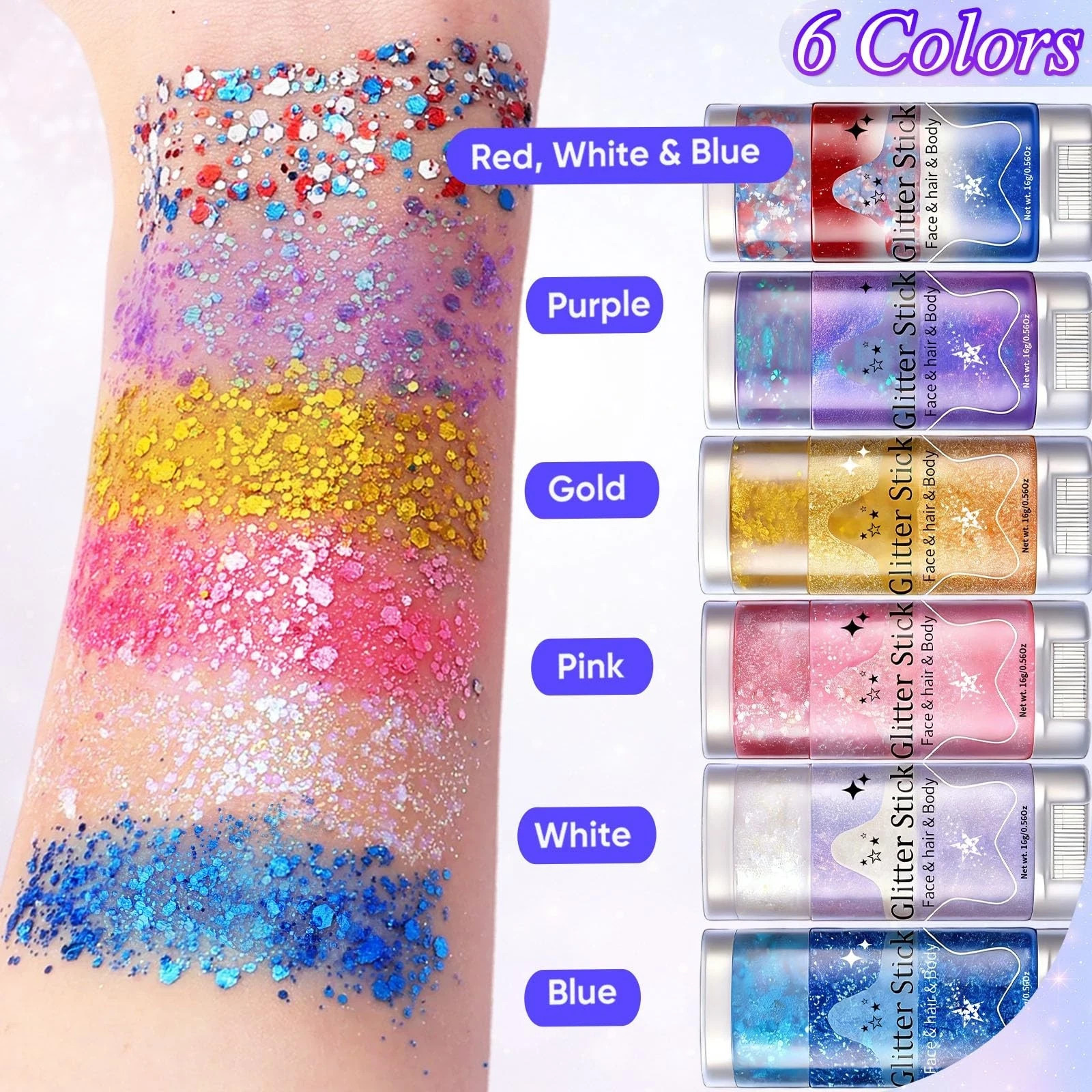 Body Glitter Stick 6 Pack Red White and Blue Face & Hair Glitter with Chunky…