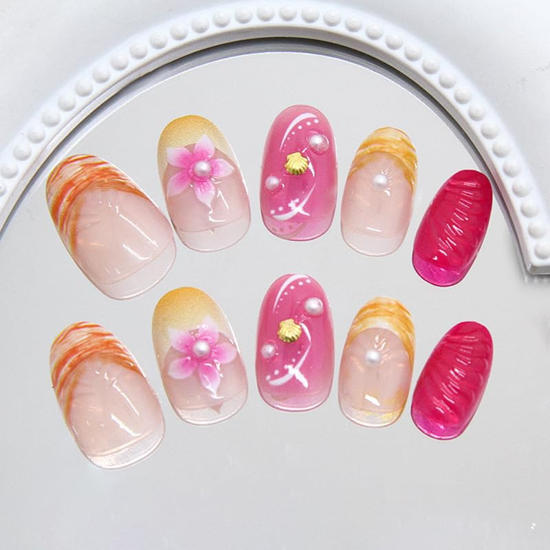 3D Summer Ocean Flower Press on Nails Short Almond Fake Nails 3D Beach Floral Sh