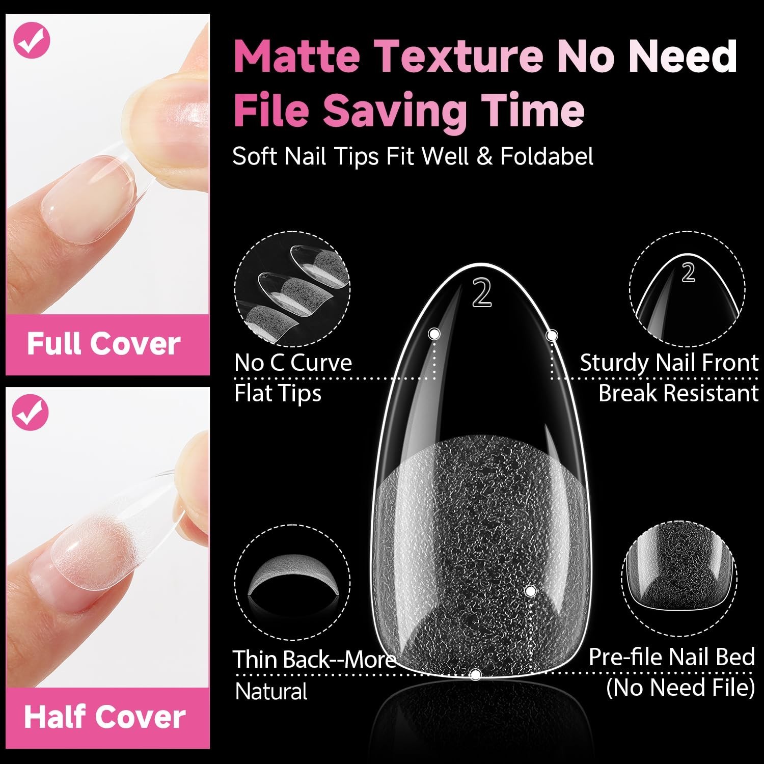 Long-Lasting 504 Full Coverage Almond Nail Tips – Soft Gel, Easy Application