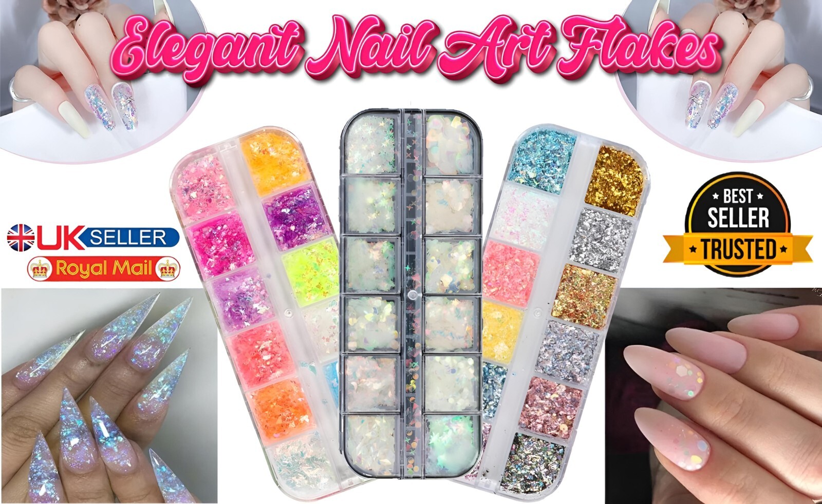 12 Grids Glitter Nail Art Colourful Scattered 3D Decoration Bling Studs Craft UK