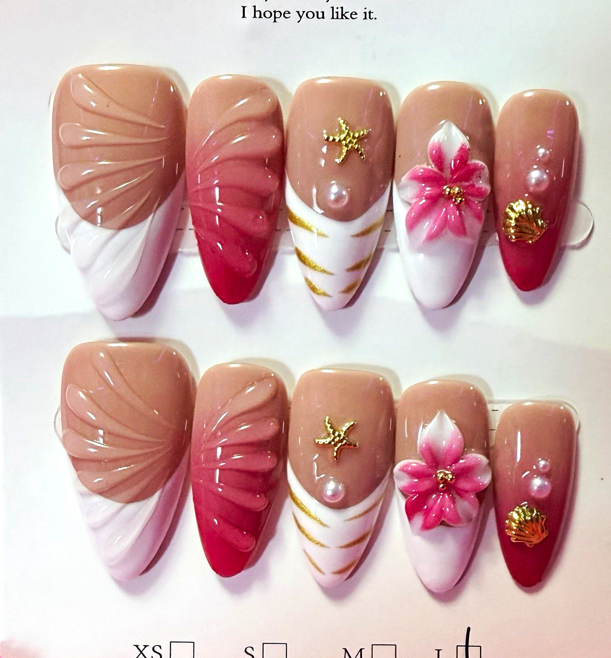 Pink/Nude/White/Gold 3D Floral Coffin Press-On Nails, size large