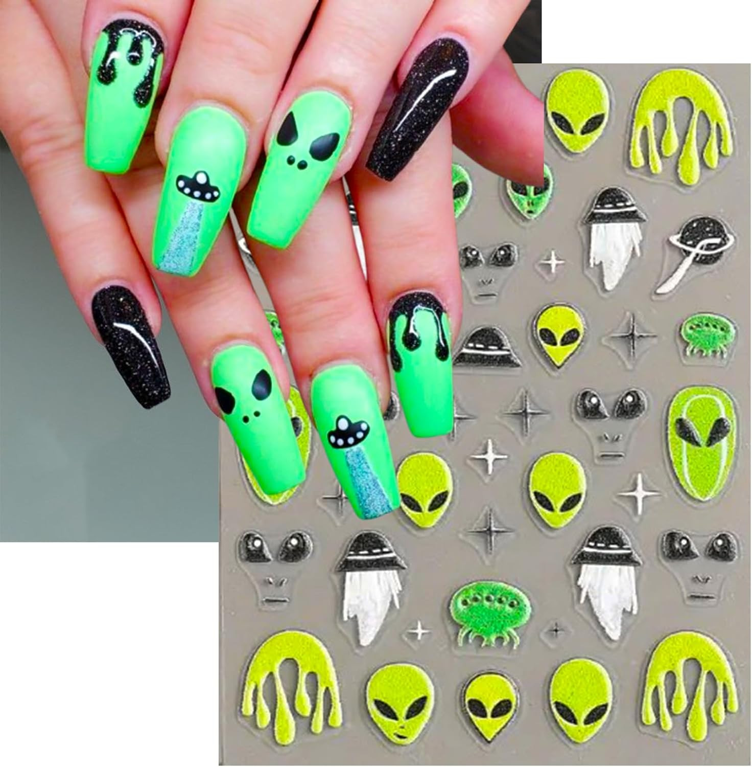 Embossed Alien Nail Art Stickers – 5D ET UFO Astronaut Rocket Design Self-Adhesi