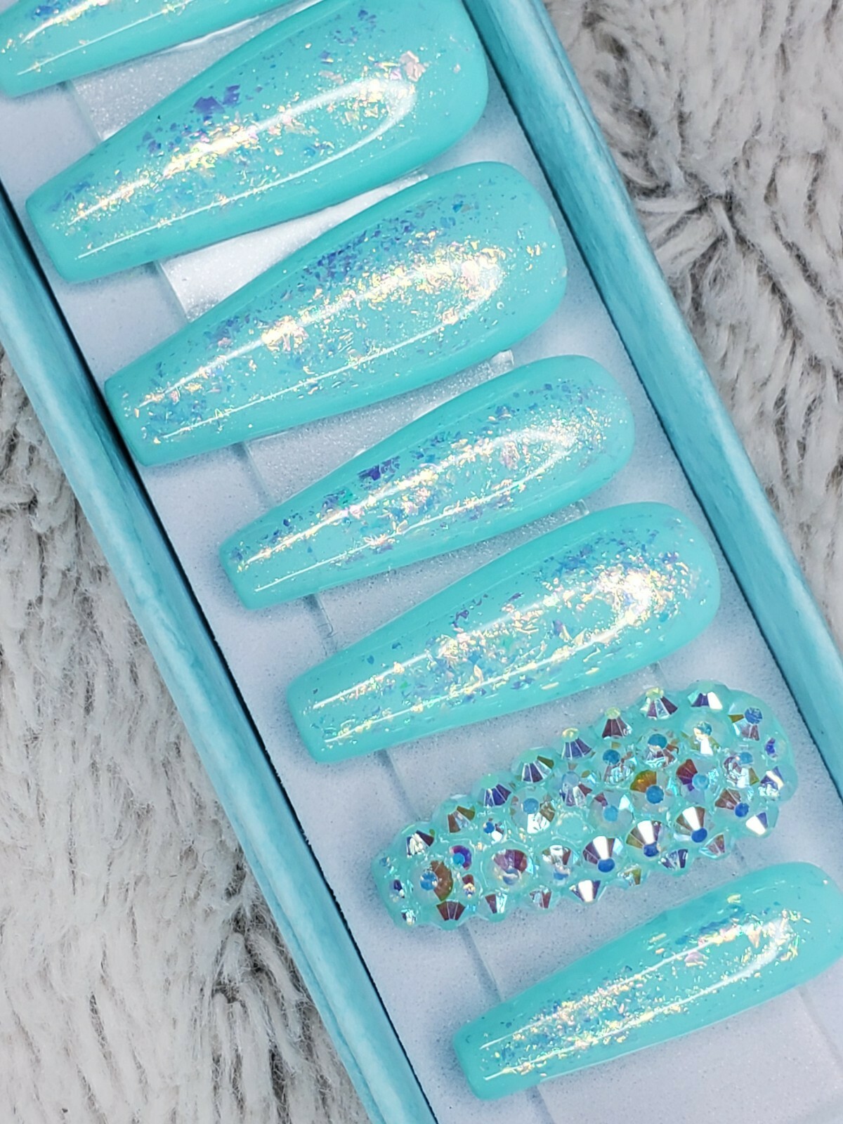 Teal green Mermaid crystal opal glitter bling press on nails luxury diamond