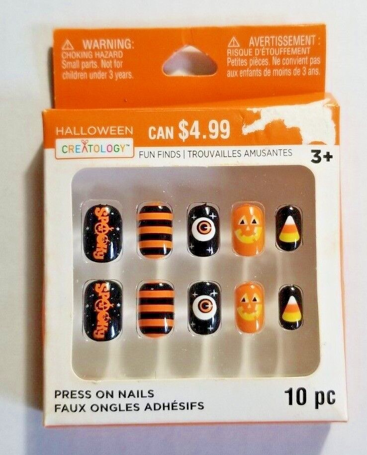Girl’s Halloween Press-On Nails No Glue Needed Ages 3+ Orange & Black 10 Piece
