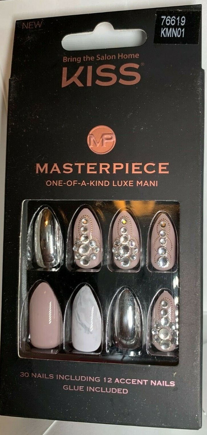Kiss Nails MASTERPIECE Glue on Manicure Medium Pink Silver Jewels chrome marble