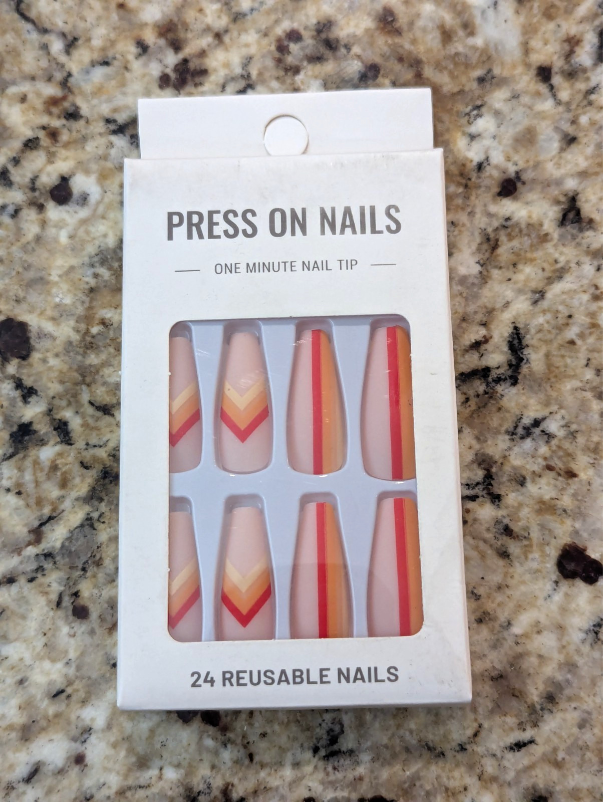 Press On Nails One Minute Nail Tip #57 Long Red Yellow Orange Stripe Design 24ct
