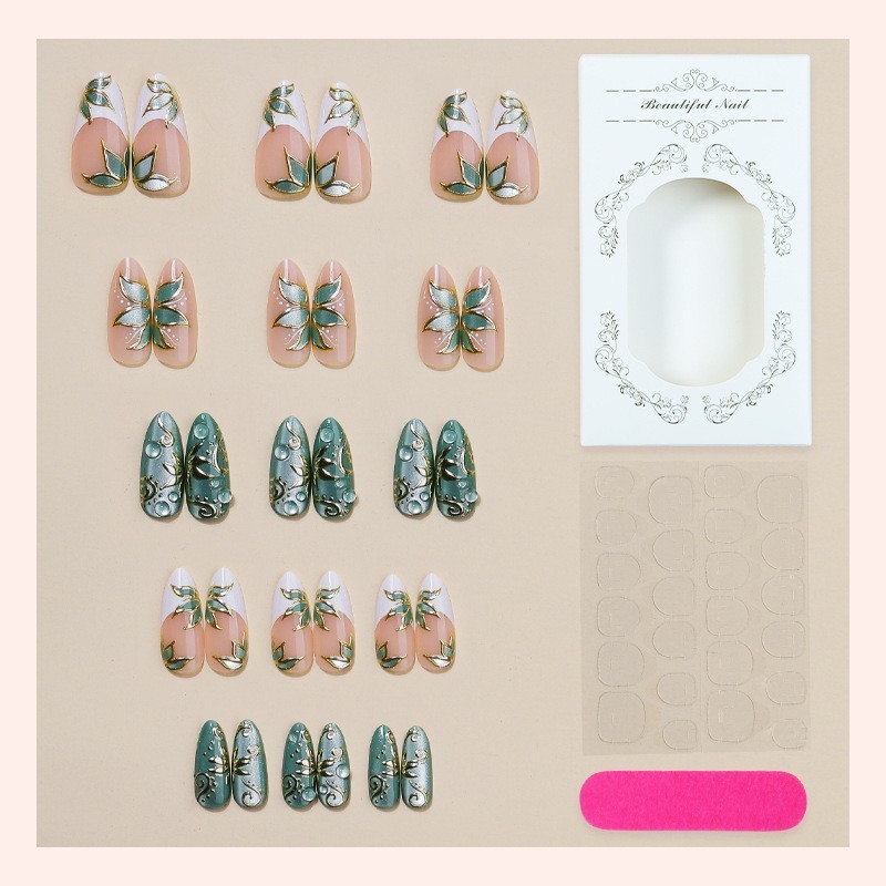 60Pcs Gold Leaf Pearl Press on Nails,Medium Almond Green Nude Elegant Fake Nails