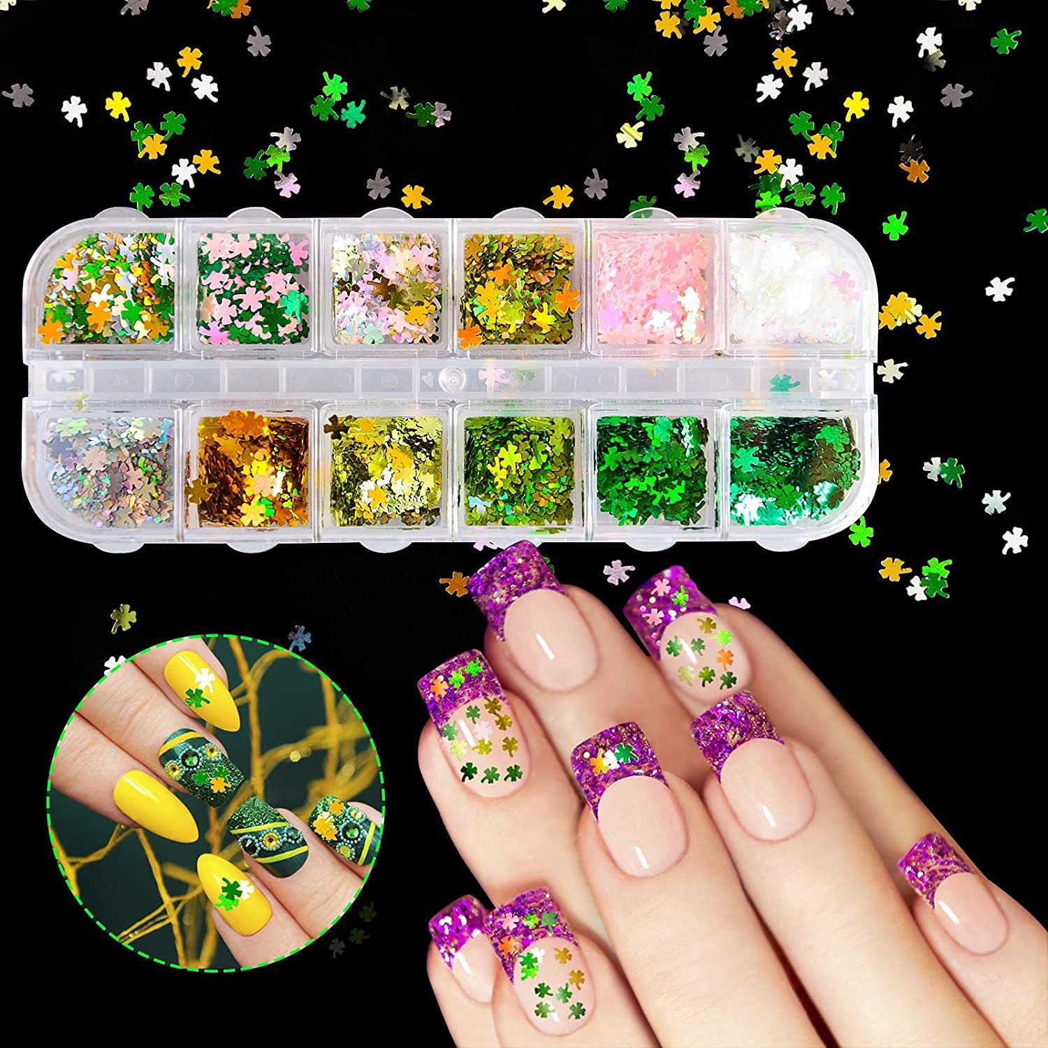 St. Patrick’s Day Nail Art Glitters Green Clover Flakes Nail Sequins 3D Shamr…