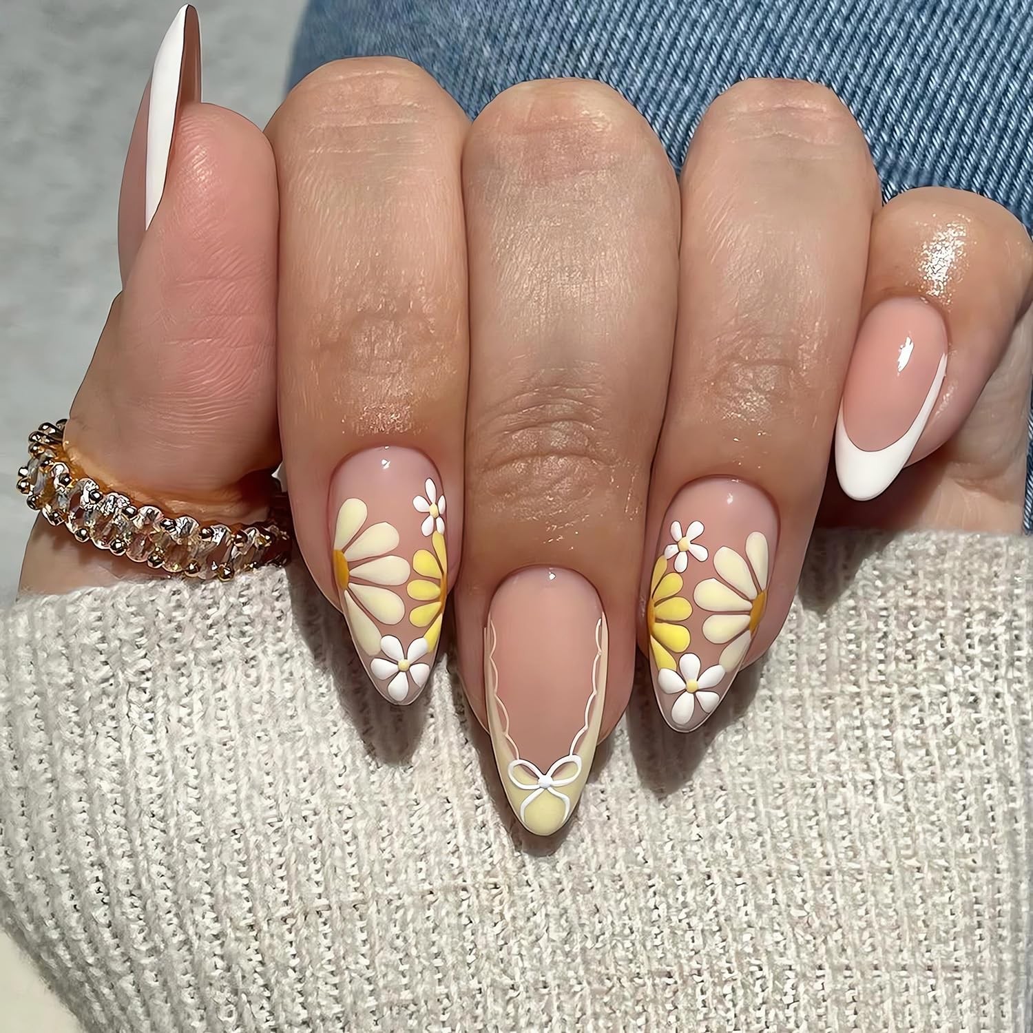 Summer French Tip Press On Nails Flower Design Almond Medium Glossy Fake Nails