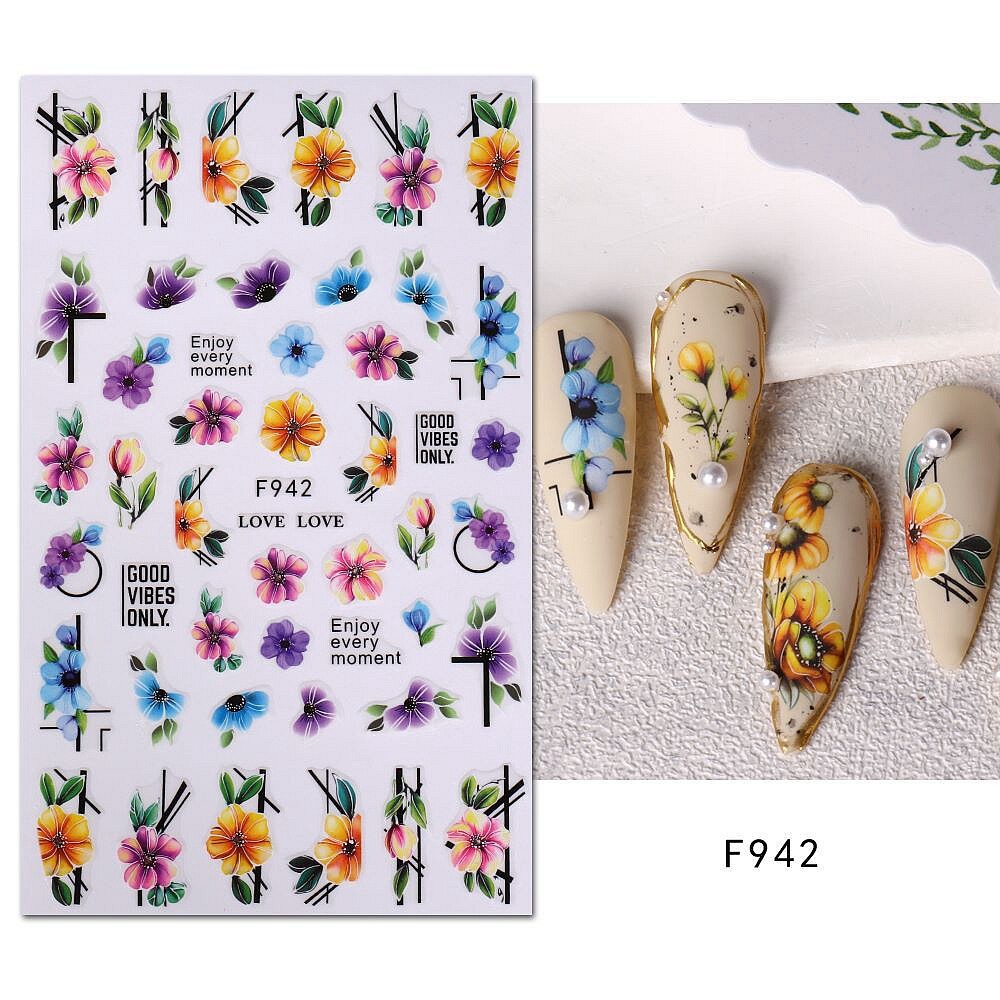 Flowers Camellia Nail Stickers Geometric Line Floral Leaf Daisy Rhododend Decals