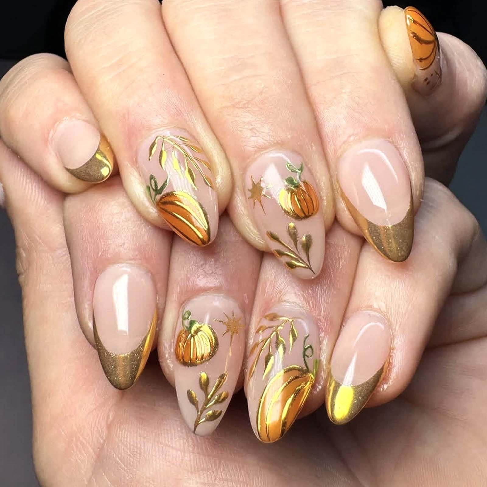 24Pcs French Tip Press on Nails Short Almond Gold Leaf Pumpkin Fake Nails Fal…