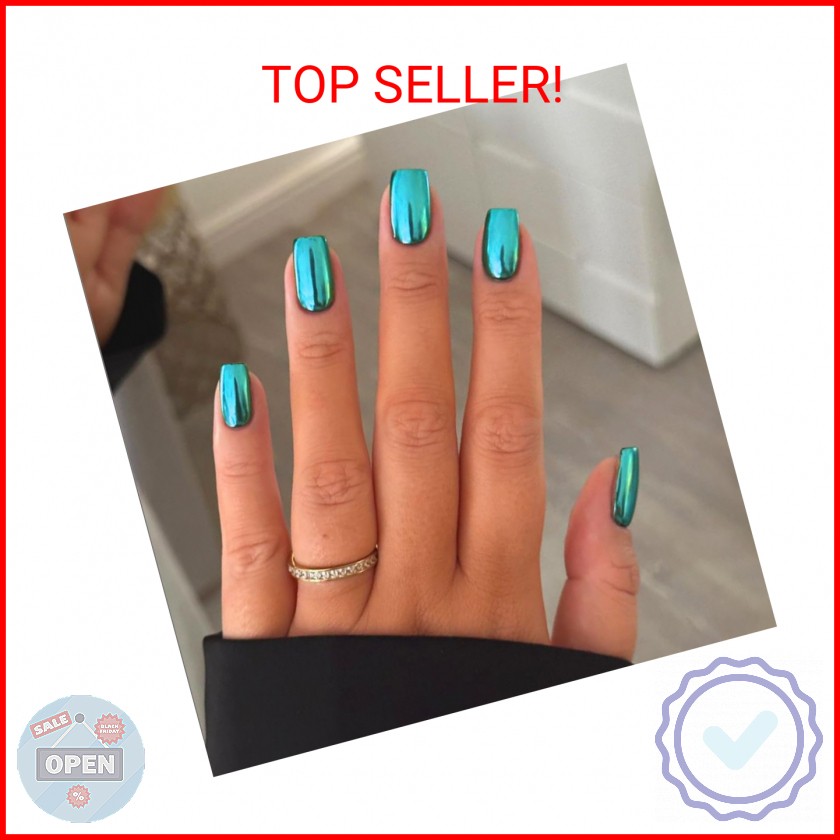 Mirror Metal Teal Blue Press on Nails Medium Short Square Chrome Glazed Short Ge