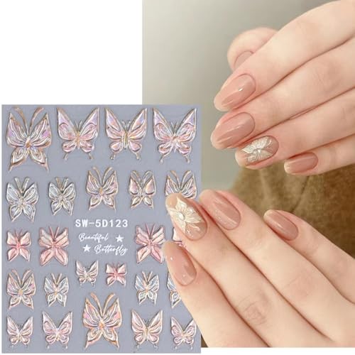 2 Sheets Glitter Butterfly Nail Stickers, Aurora Pink nail stickers 03