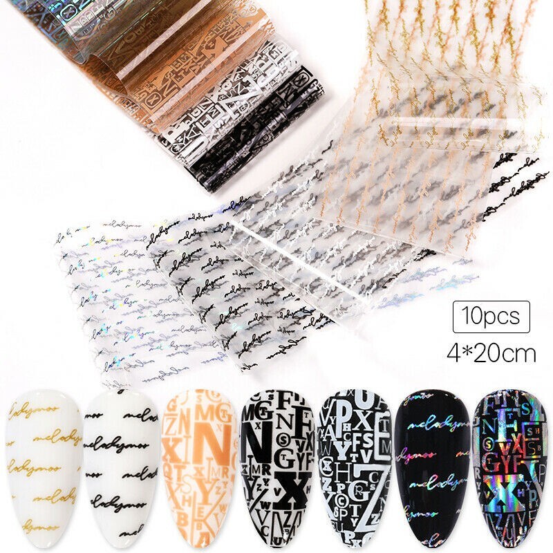 10Pcs Nail Foil Sticker Black White Letter Series Art Decals Decoration 517 NS46