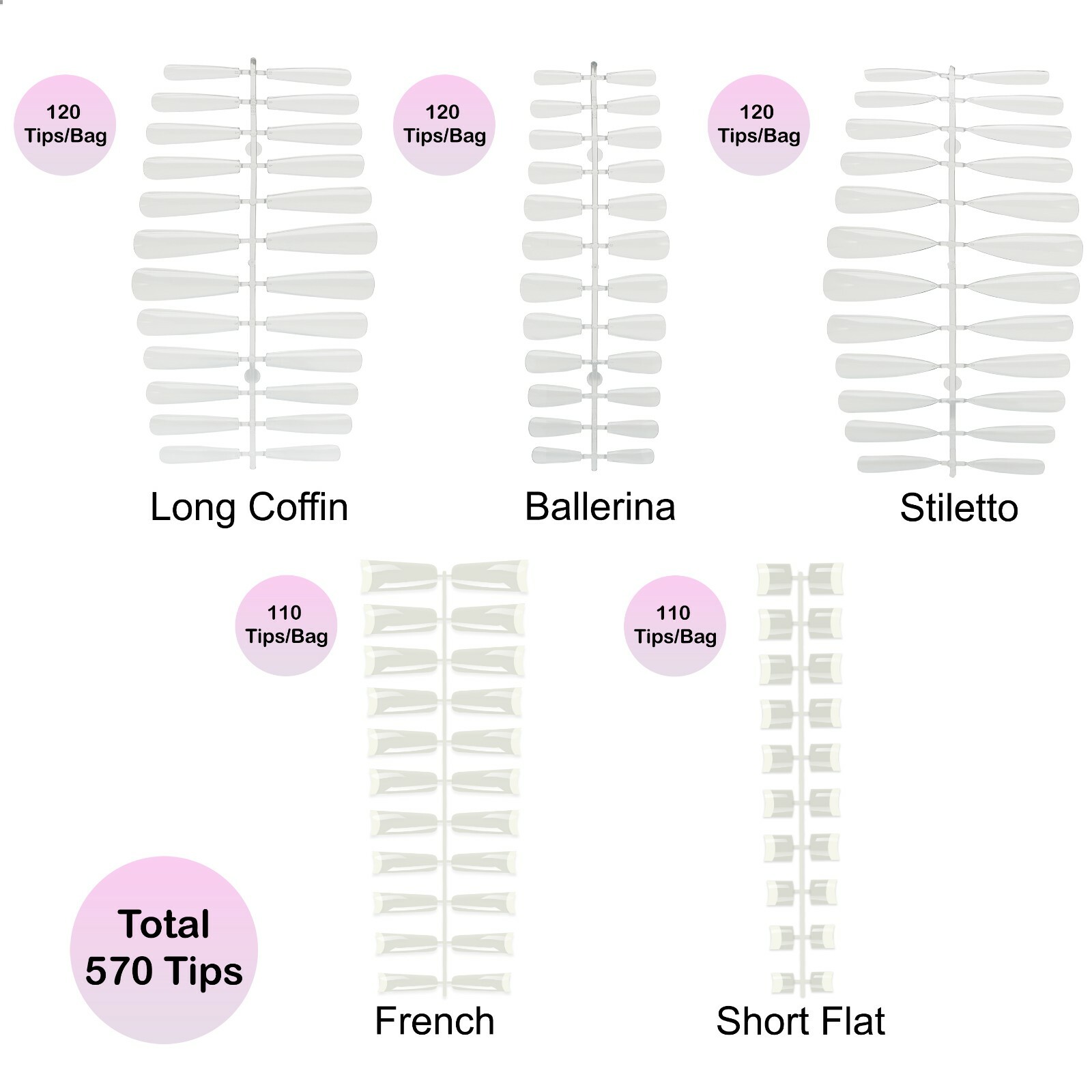 570pcs Nail Tips Fake Press On False Nails Coffin Ballerina Stiletto French Flat