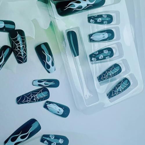 Black Halloween Press on Nails Square Long Fake Nails Ghost Flame C Nails 3