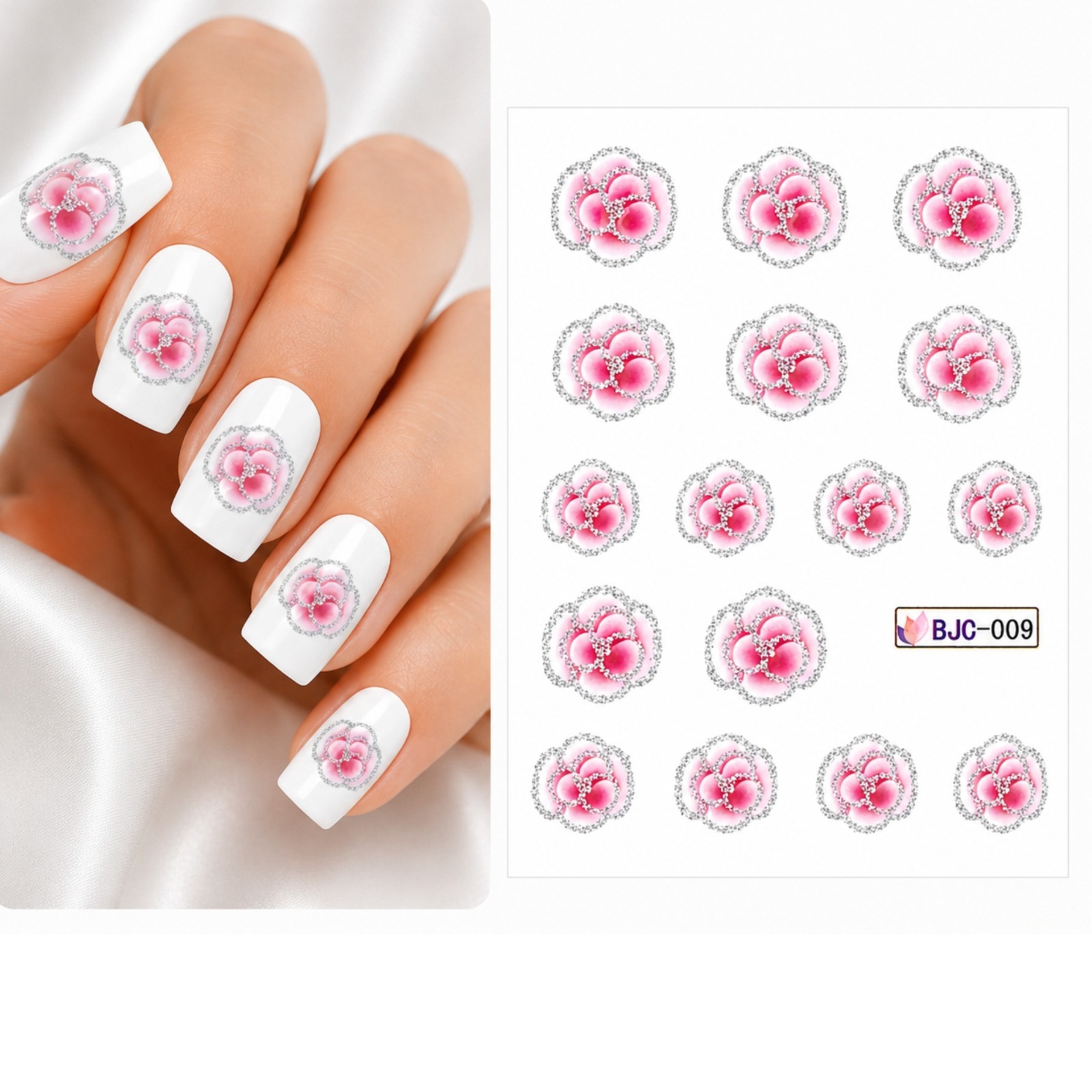 Pink silver Botanical Floral Nail Art Decal Bloom Water Transfer Manicure Beauty