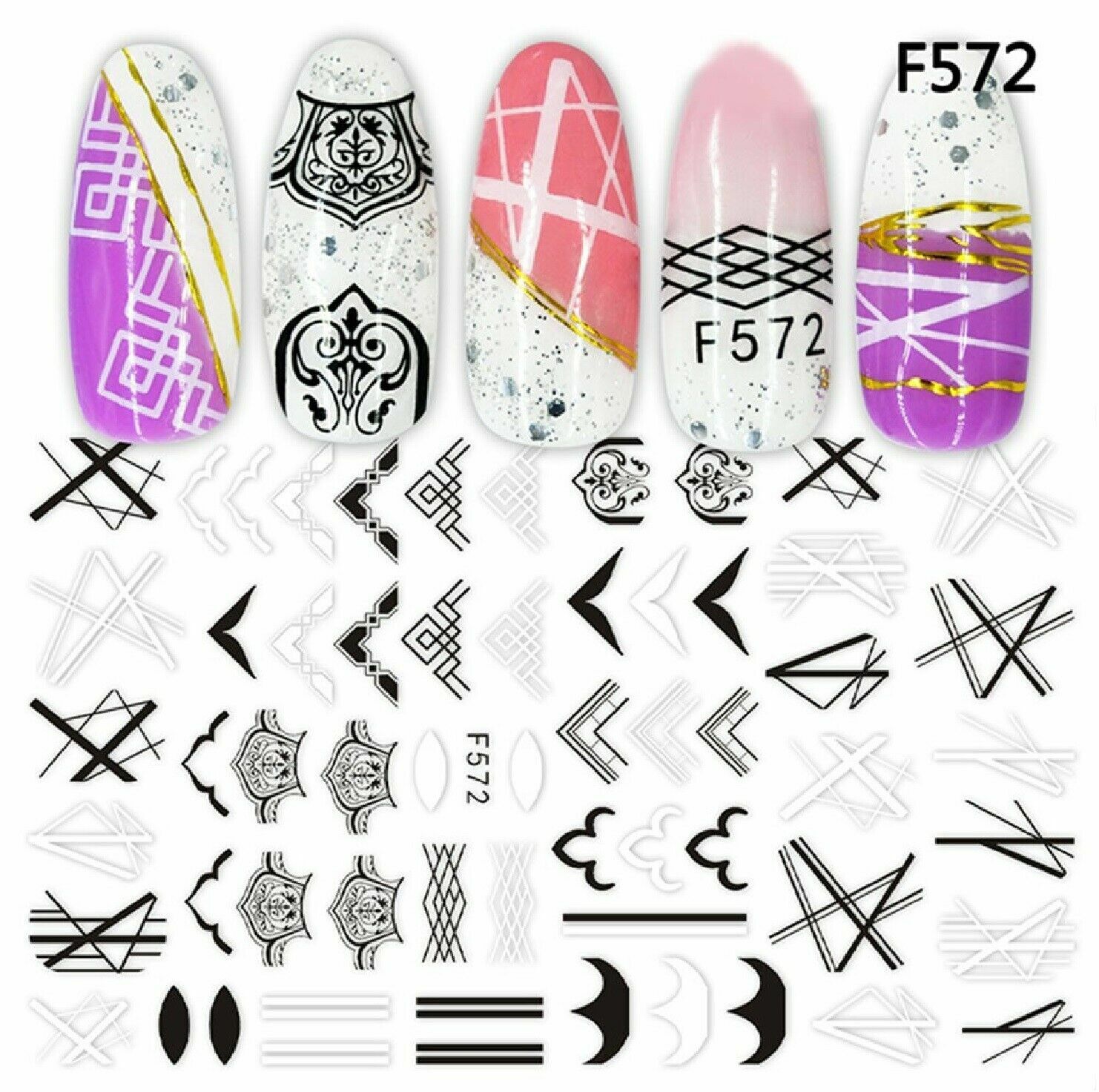 Nail Art Stickers Transfers Decals Black White Abstract Lines Patterns DIY NS14
