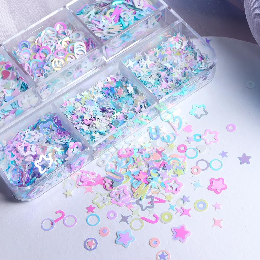 6 Grids Holographic Heart Star Circle Nail Art Sequins Glitter for Nails Nail…