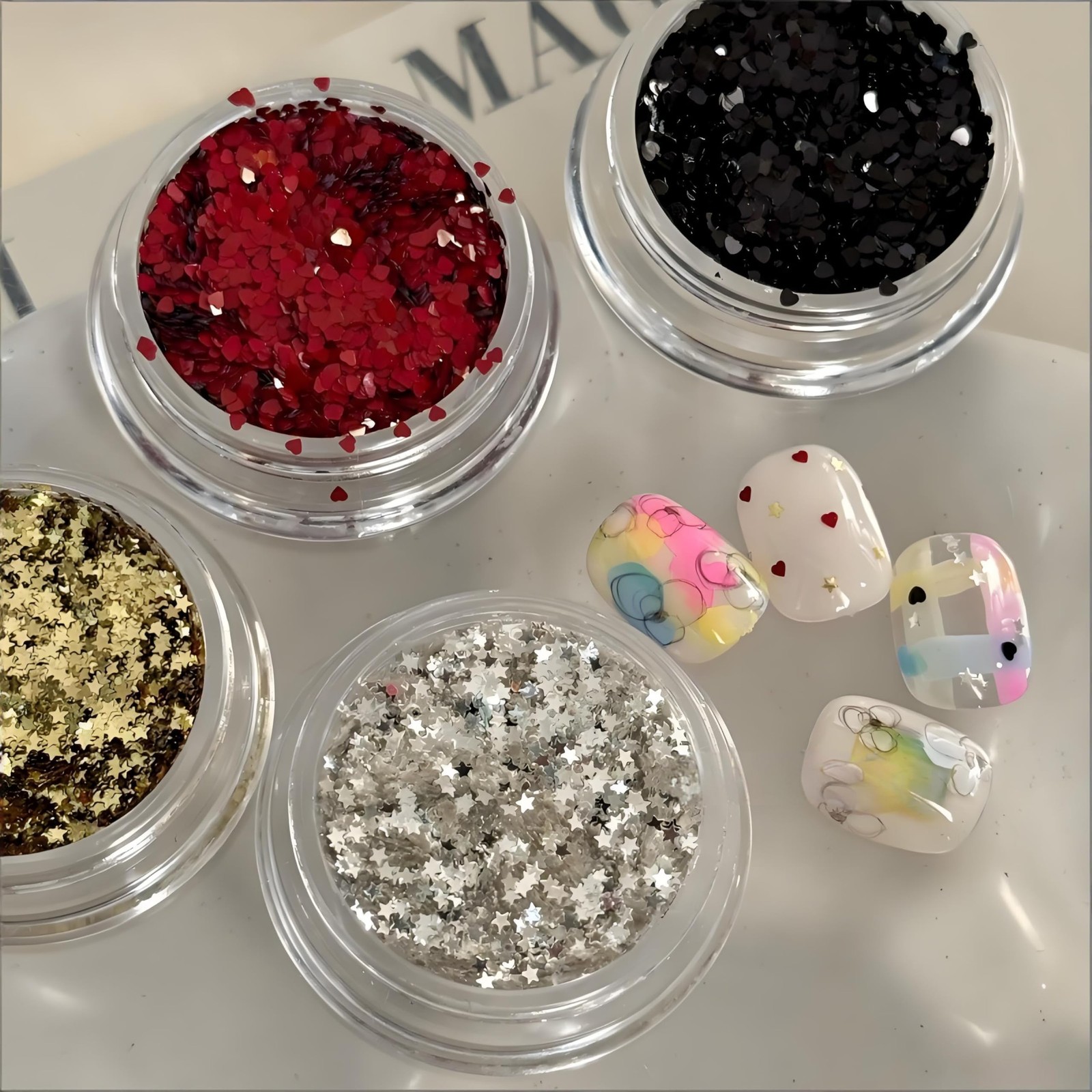 Mini Heart Nail Art Glitter Sequin 4Boxes Love Hearts Star Nail Flake Decals …