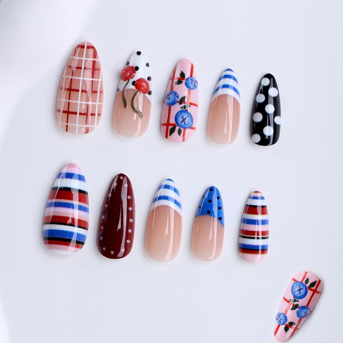 24Pcs Summer Press on Nails Medium Almond Fake Nails with 3D Cherry Blueberry…