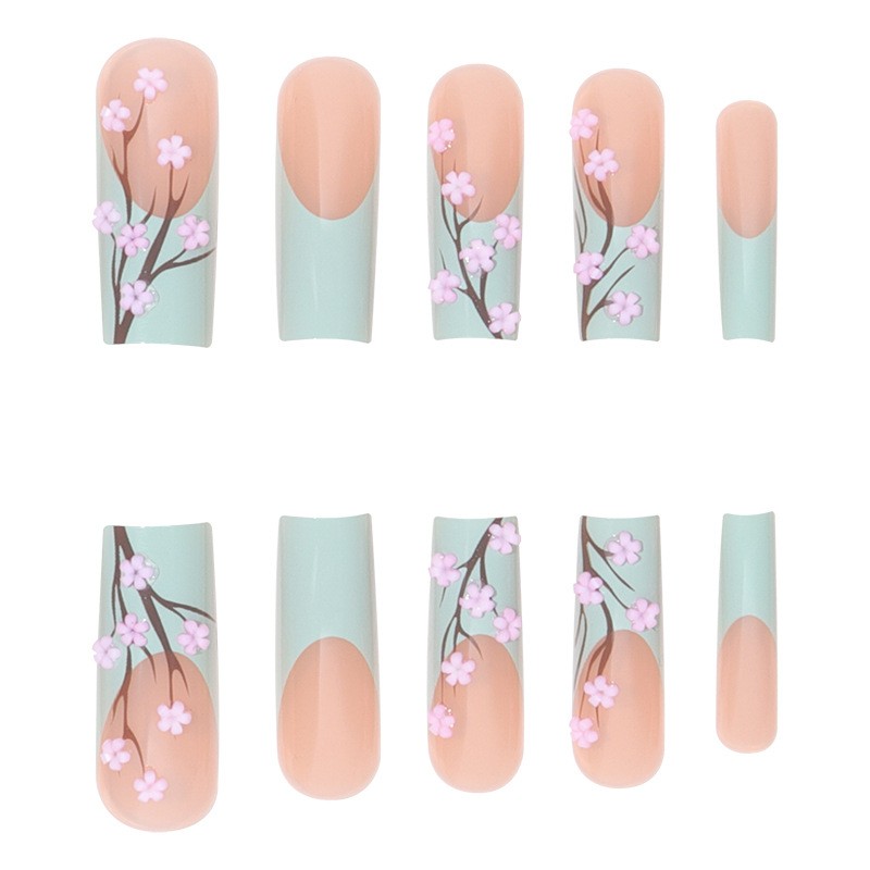 48P Long Coffin Press on Nails, Mint Green 3D Cherry Blossom Glossy Fake Nails
